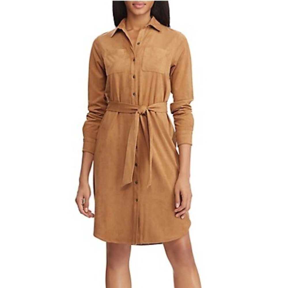 Chaps Faux Suede Equestrian Dress Camel Brown Western Button Down Shirt Dress